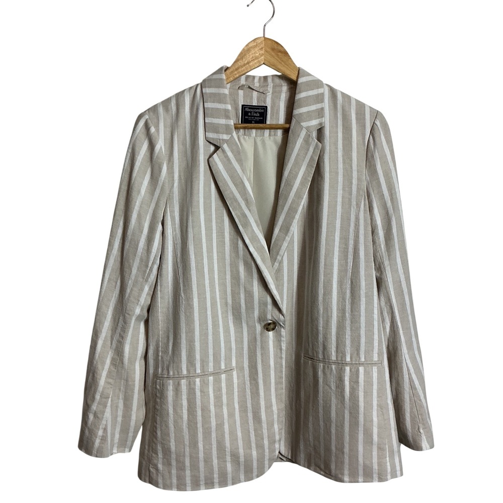 Abercrombie Womens XL Linen Blend Tan White Striped Oversized Blazer Preppy